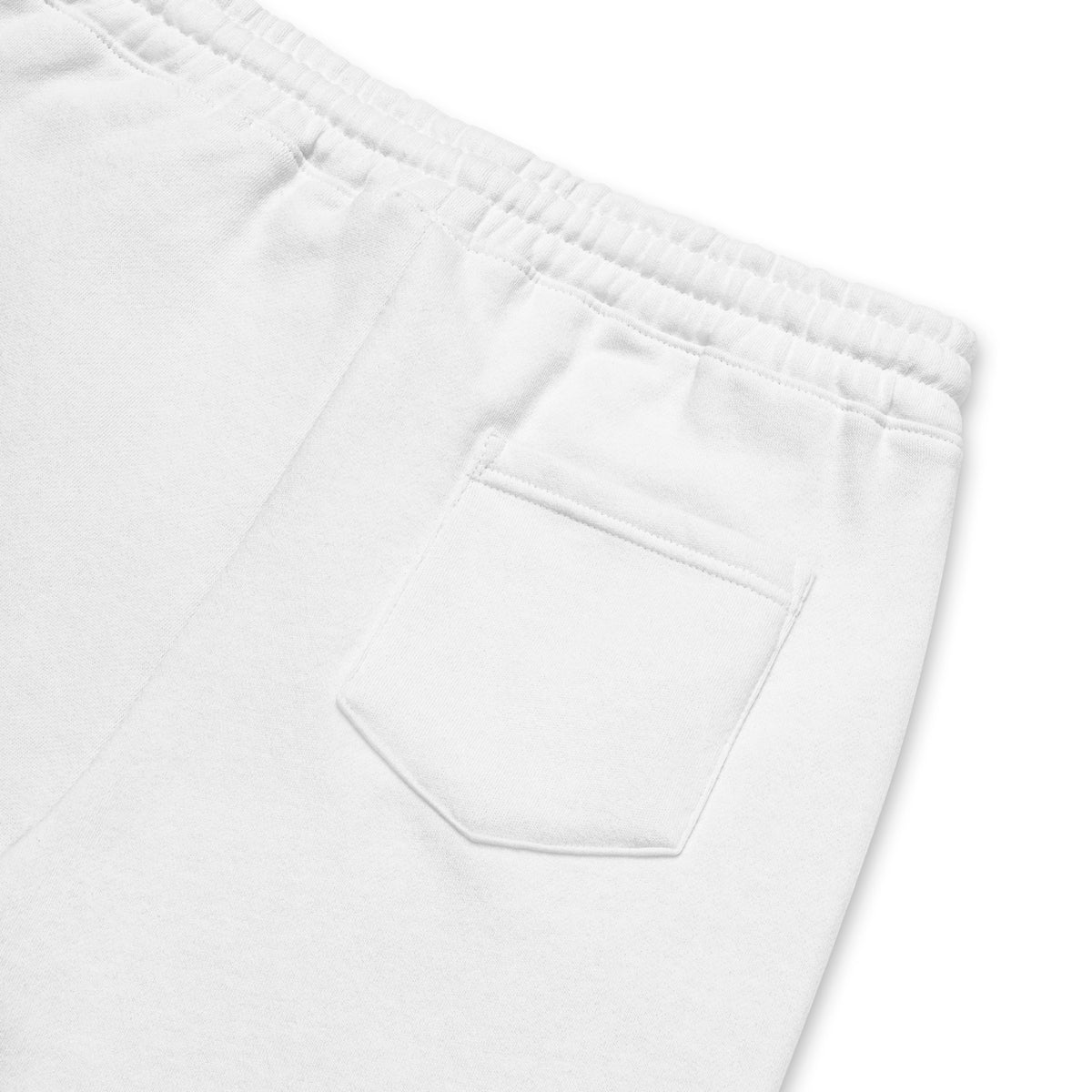 Close-up rear flat lay view of the Optic White Jogger Shorts focusing on the structured patch pocket, elastic waistband, and heavyweight fleece texture.