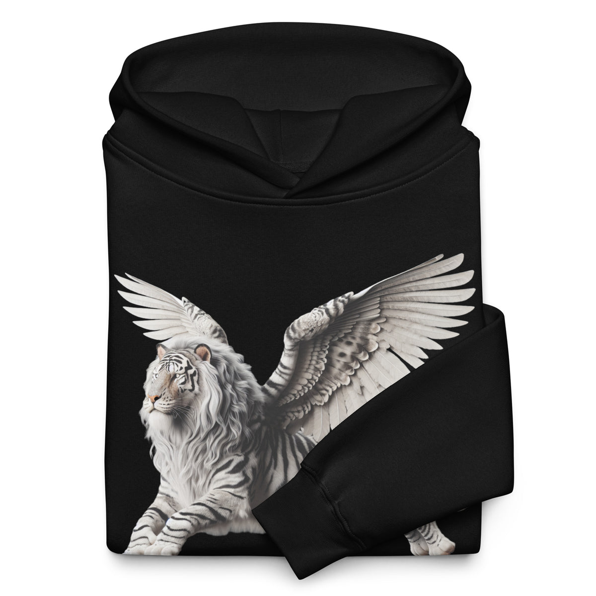 "Folded flat lay view of the ultra-heavyweight oversized hoodie in black, highlighting the structured fleece texture and the winged liger mascot graphic."
