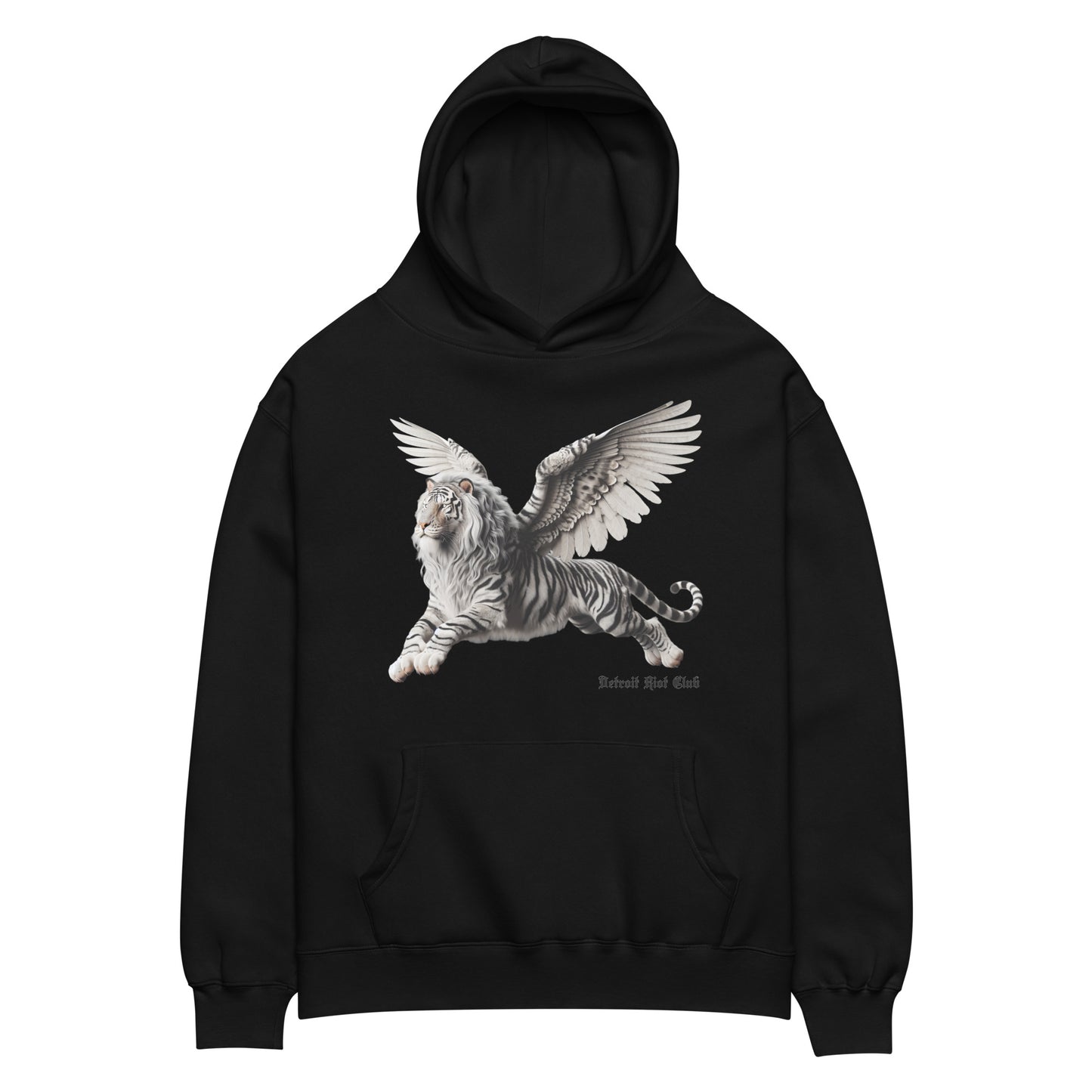 "Front view ghost mockup of the ultra-heavyweight oversized hoodie in black with the hood up, showcasing the winged liger mascot graphic and structured drop-shoulder fleece drape."