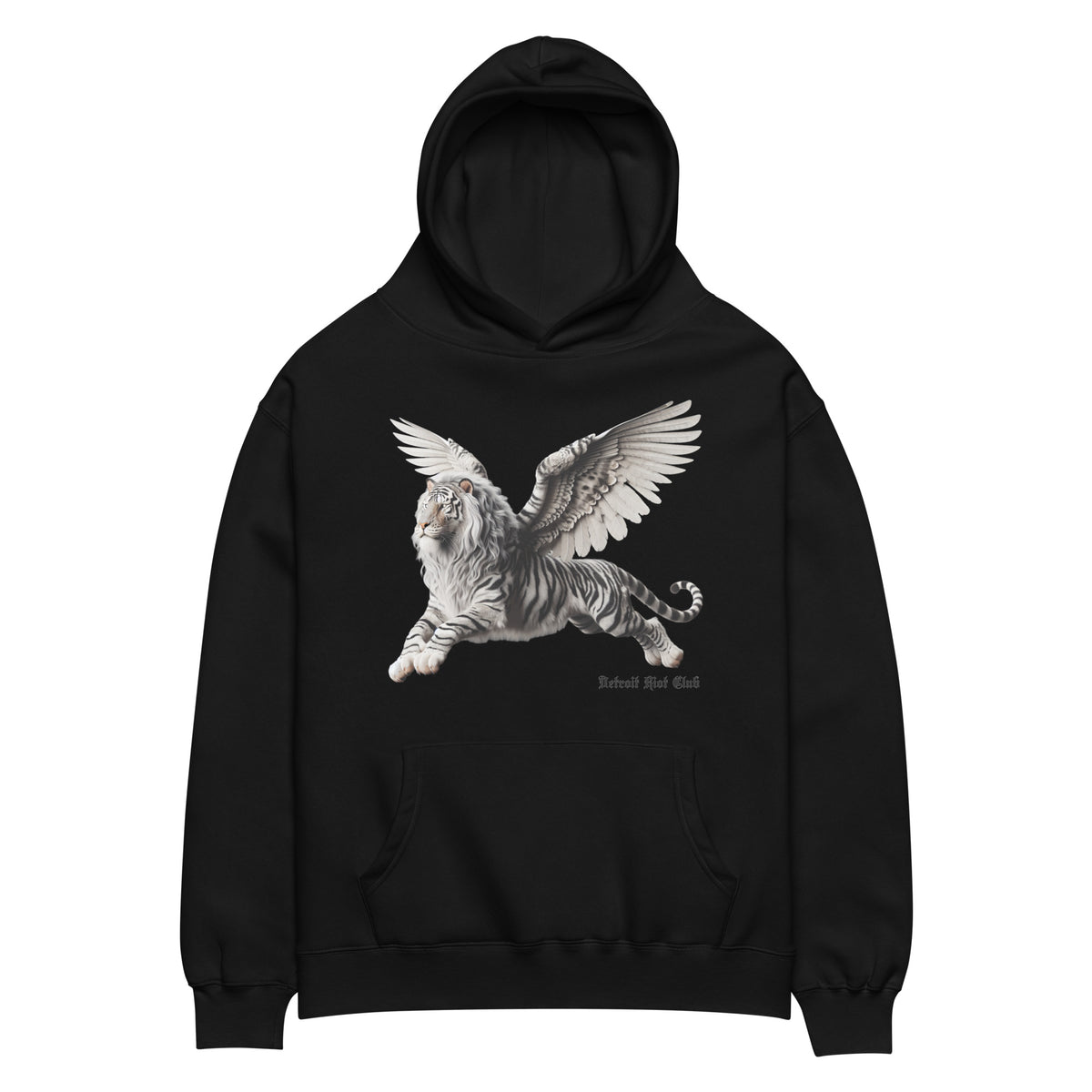 "Front view ghost mockup of the ultra-heavyweight oversized hoodie in black with the hood up, showcasing the winged liger mascot graphic and structured drop-shoulder fleece drape."