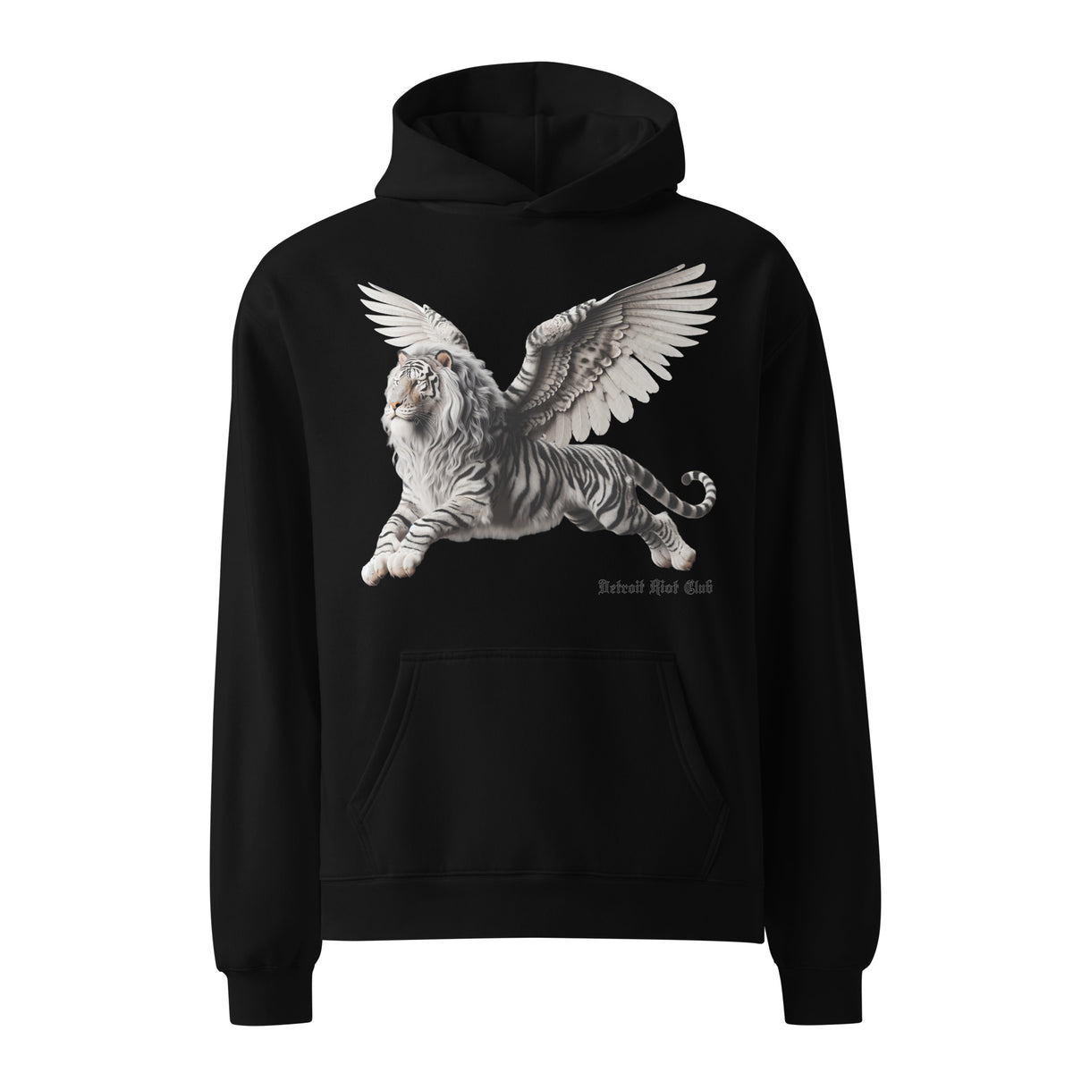 "Front view mockup of the ultra-heavyweight oversized hoodie in black, featuring the winged liger mascot graphic and structured pouch pocket."