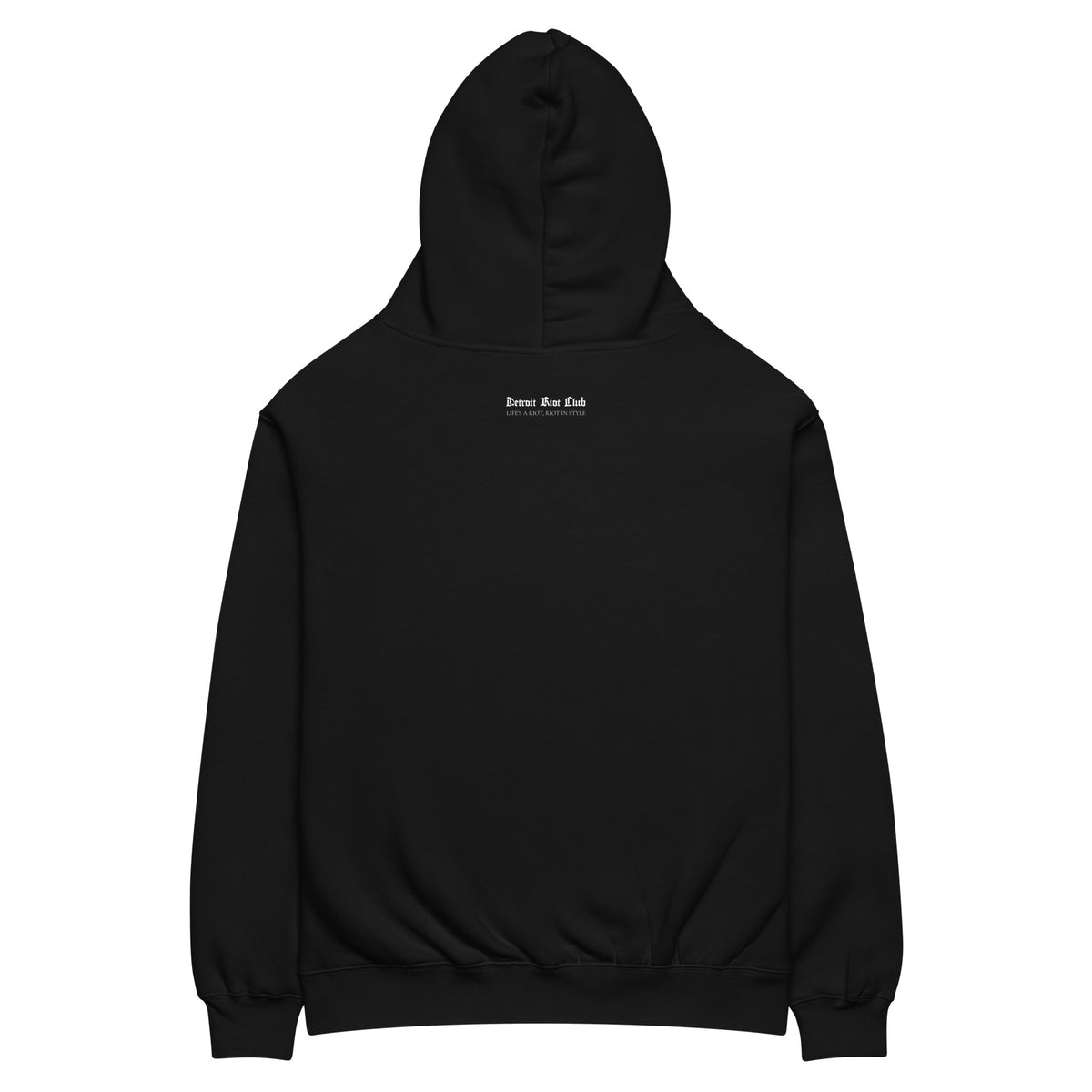 "Rear view ghost mockup of the ultra-heavyweight oversized hoodie in black with the hood up, showcasing the structured fleece drape and clean back panel."