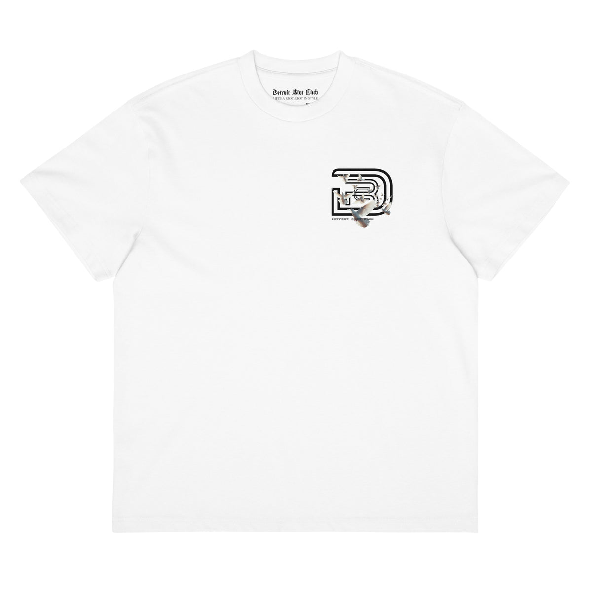 "Front flat lay view of the 7oz oversized box-cut tee in dove white, showcasing the surrealist dove flight graphic on the left chest and clean structural layout."