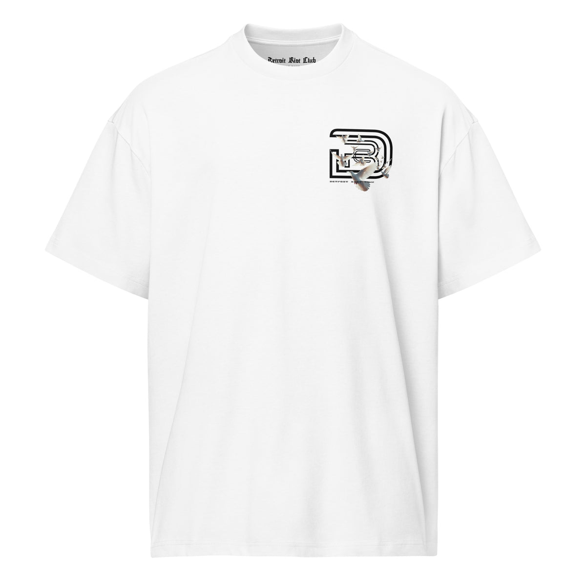 "Front view ghost mockup of the 7oz oversized box-cut tee in dove white, featuring the surrealist dove flight graphic on the left chest and clean structural drape."