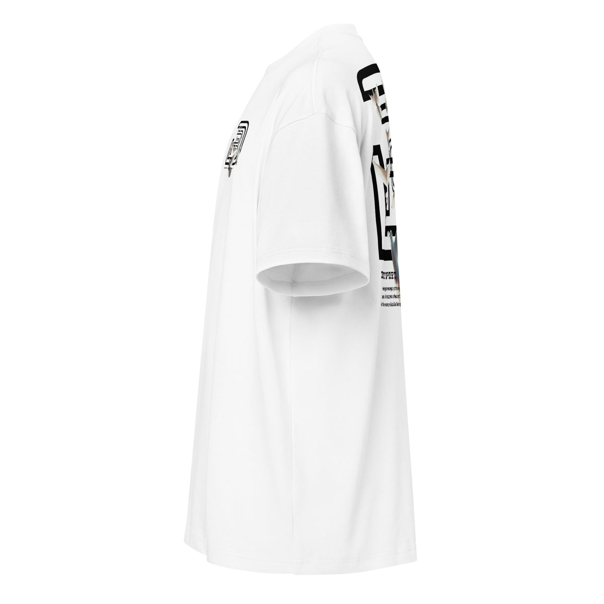 "Left-side profile view of the 7oz oversized box-cut tee in dove white, highlighting the structured sleeve drape, boxy fit, and side graphic placement."
