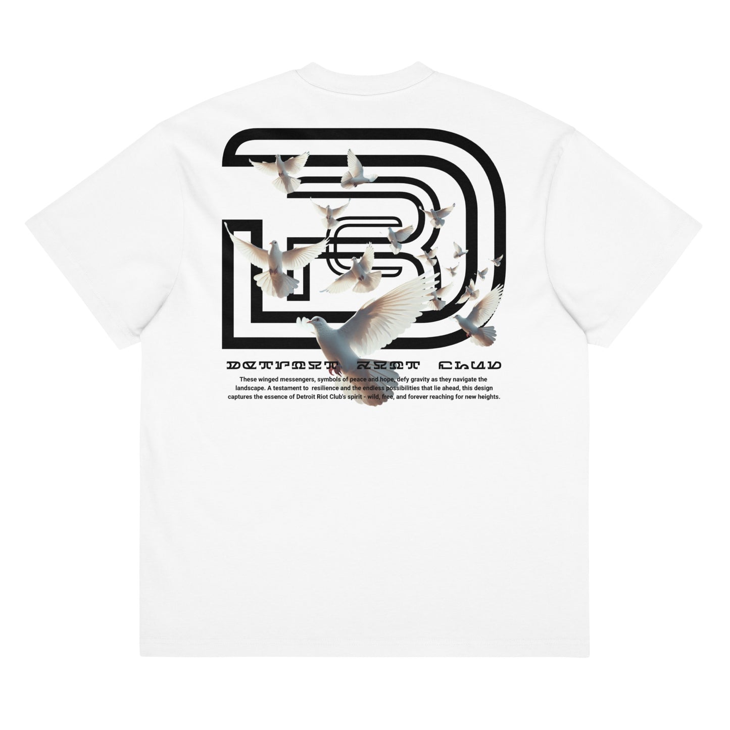 "2nd Rear flat lay view of the 7oz oversized box-cut tee in dove white, showcasing the surrealist dove flight graphic and gothic branding with a clean structural layout."
