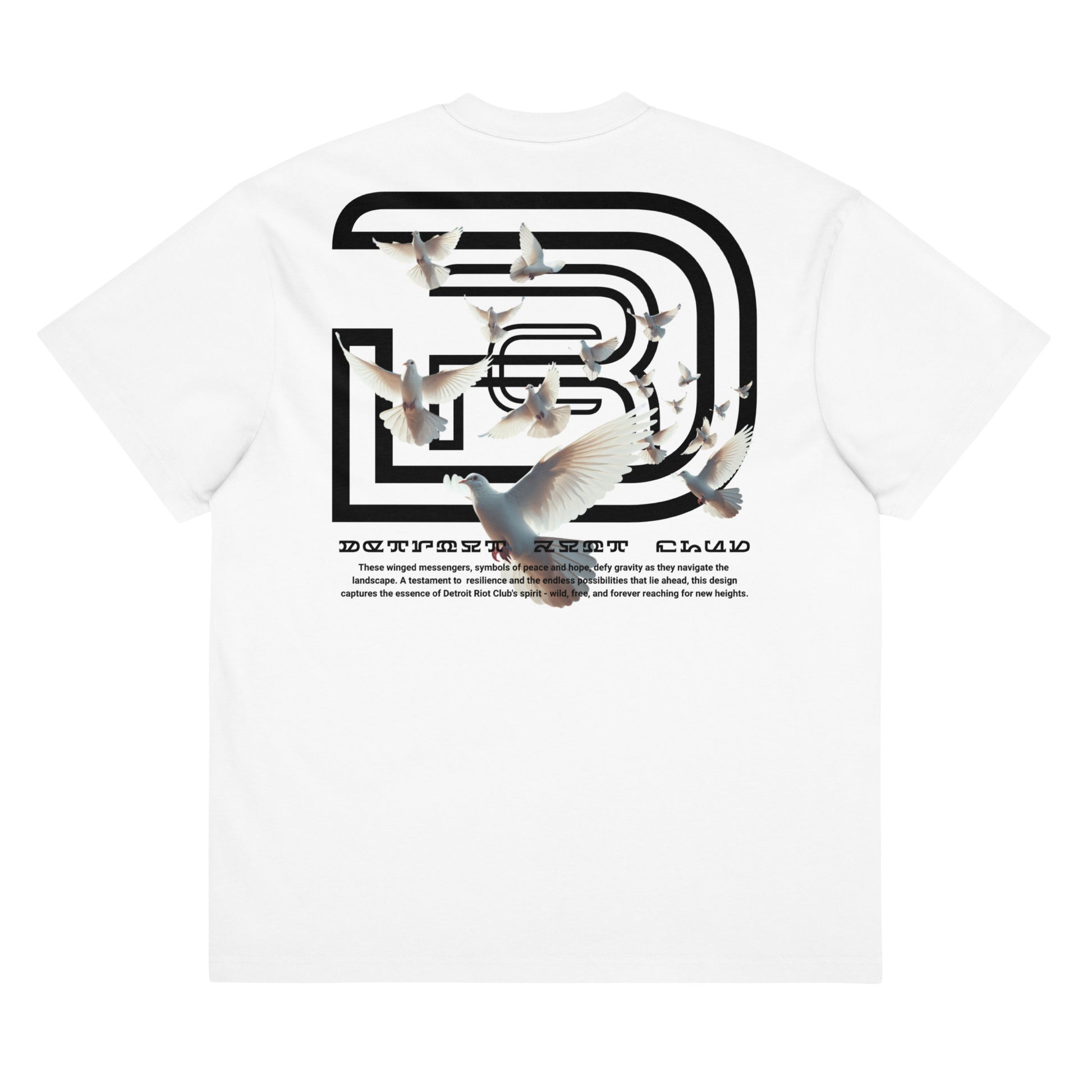 "Alternative rear flat lay view of the 7oz oversized box-cut tee in dove white, showcasing the surrealist dove flight graphic and gothic branding with a clean structural layout."