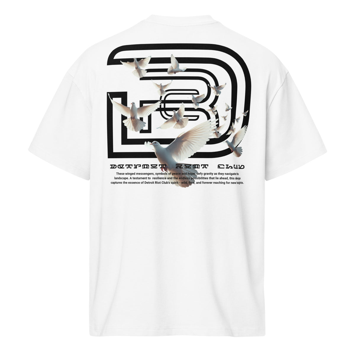 "Rear view ghost mockup of the 7oz oversized box-cut tee in dove white, featuring the surrealist dove flight graphic on the upper back."