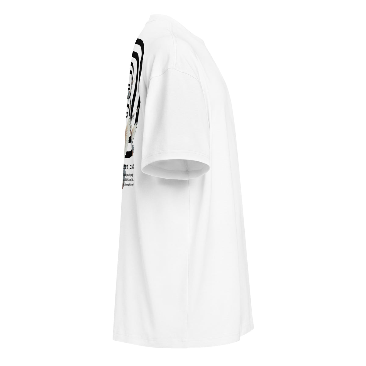 "Right-side profile view of the 7oz oversized box-cut tee in dove white, highlighting the structured sleeve drape, boxy fit, and side graphic placement."