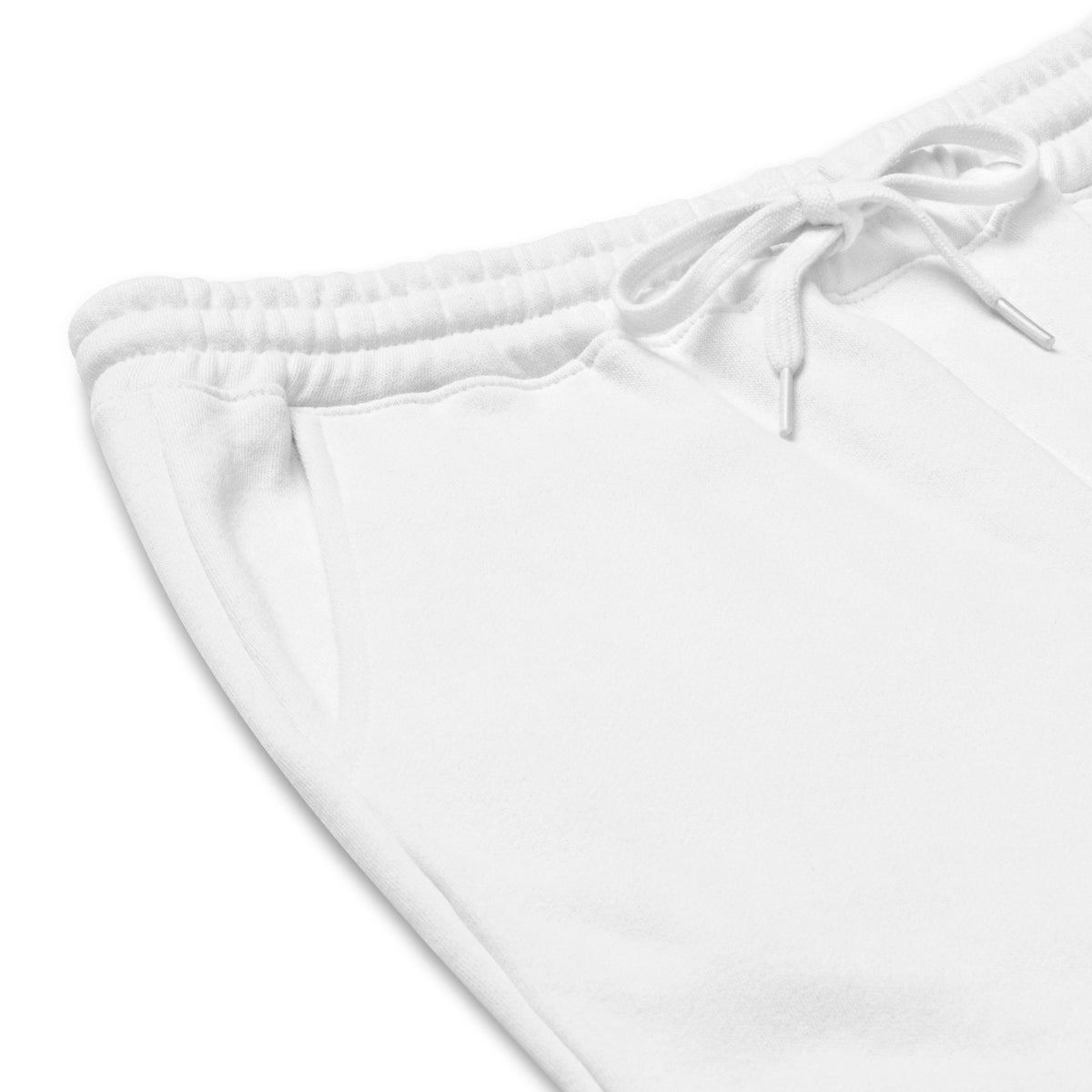 Close-up flat lay view of the Optic White Jogger Shorts focusing on the heavyweight fleece waistband, adjustable shoestring drawcord, and hardware details.