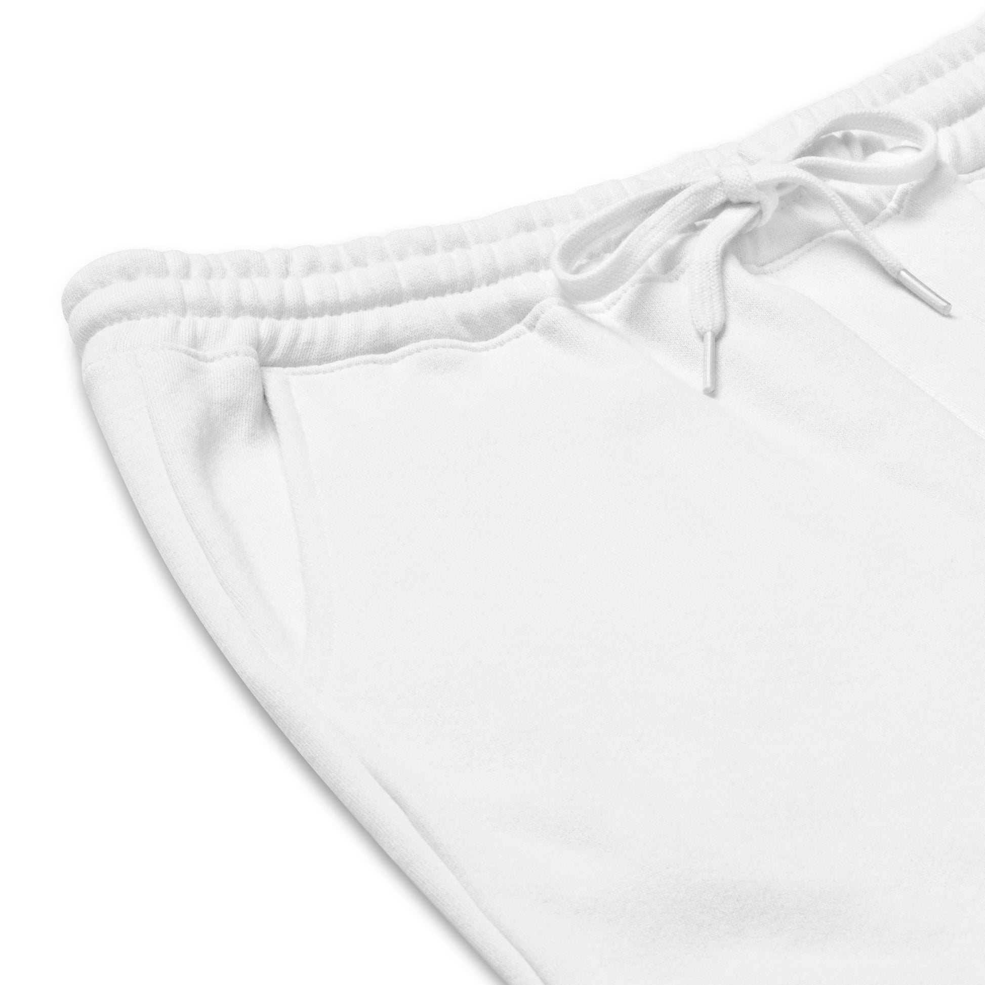 Close-up flat lay view of the Optic White Jogger Shorts focusing on the heavyweight fleece waistband, adjustable shoestring drawcord, and hardware details.