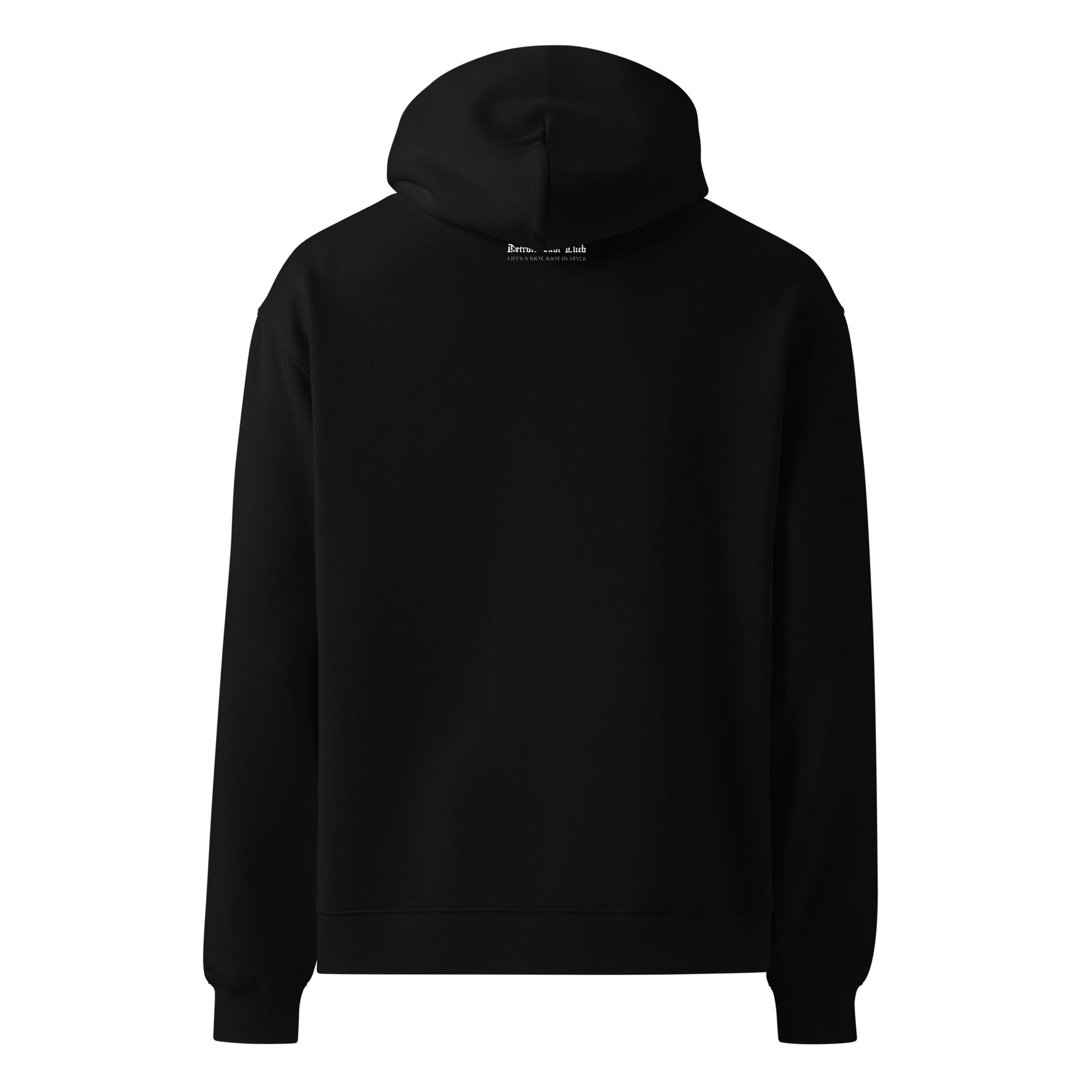 "Rear ghost mockup of the Detroit Riot Club Legacy Crest Hoodie in Void Black, hood down. Features minimal back panel with small gothic 'Detroit Riot Club' neckline branding."