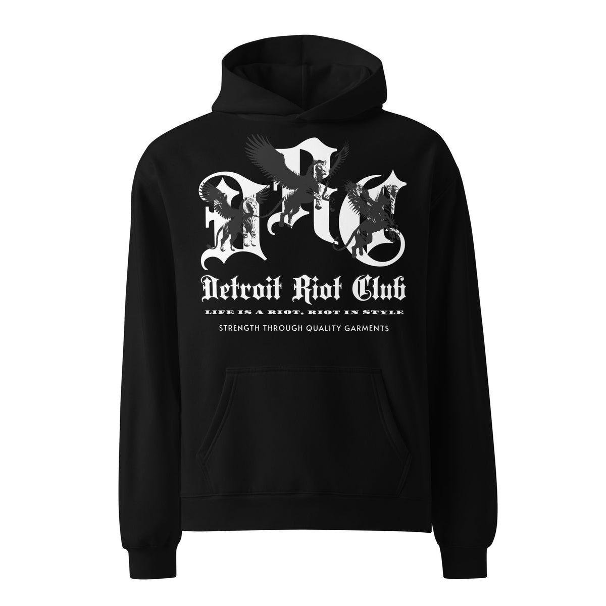 "Ghost front view of the Detroit Riot Club Legacy Crest Hoodie in Void Black. Features the 'Life's A Riot, Riot In Style' archival graphic and premium 100% cotton face hardware."