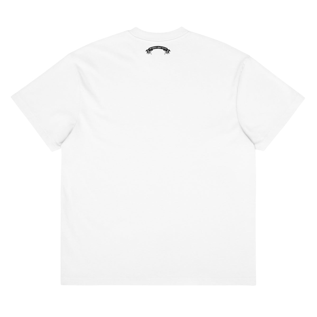 "Rear flat lay of the 7oz oversized box-cut tee in optic white, showcasing the rear nape logo"