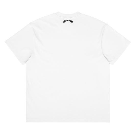 "Rear flat lay of the 7oz oversized box-cut tee in optic white, showcasing the rear nape logo"