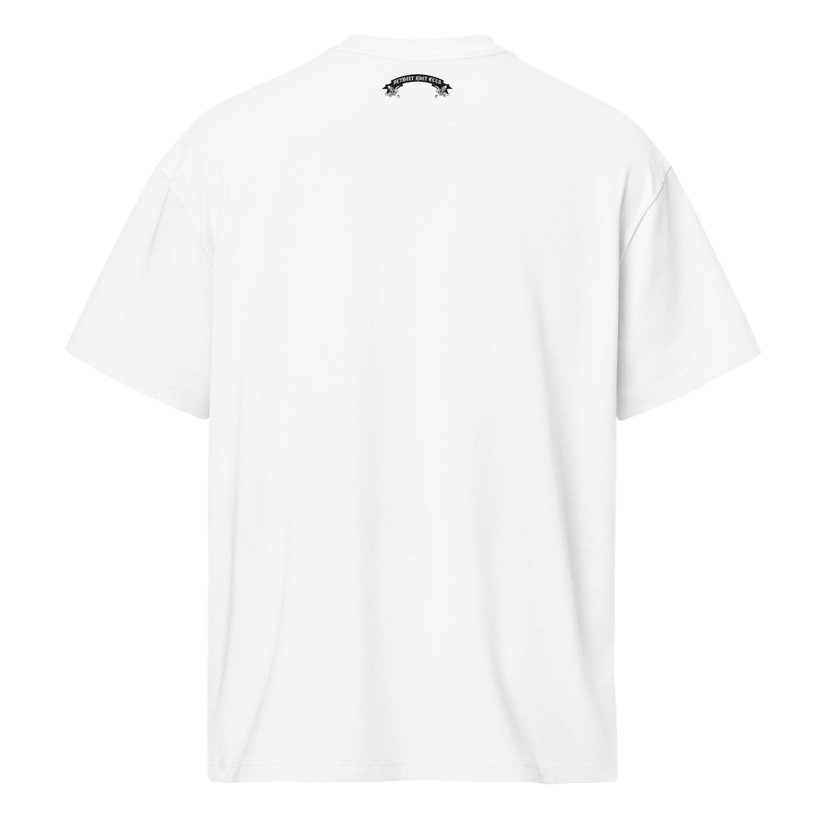 "Rear view mockup of the 7oz oversized box-cut tee in optic white, featuring a clean structural drape and minimal upper back branding accent."