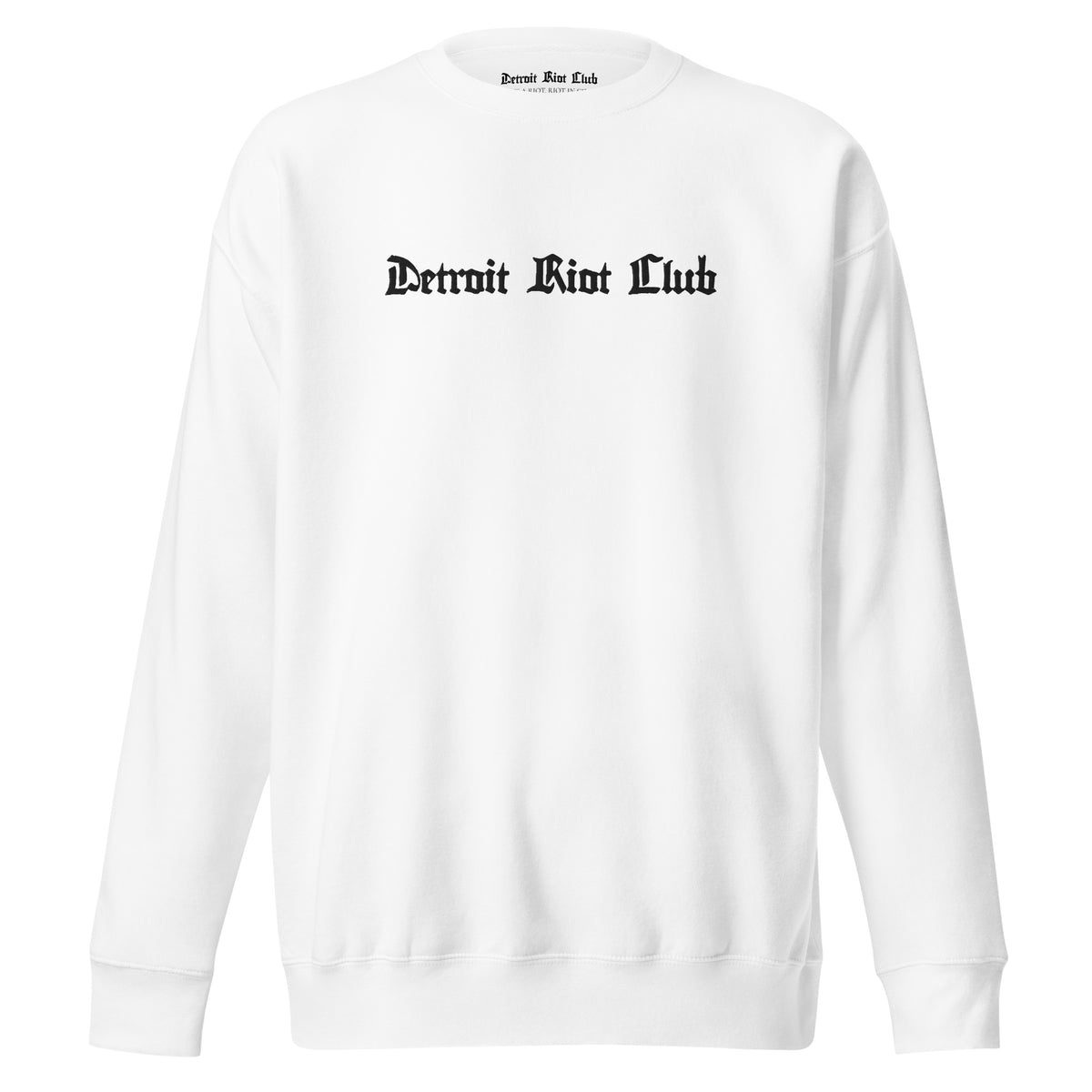 "Full front view of Detroit Riot Club 8.5oz heavyweight crewneck in Optic White. Features premium white logo embroidery and high-density 3-end fleece."