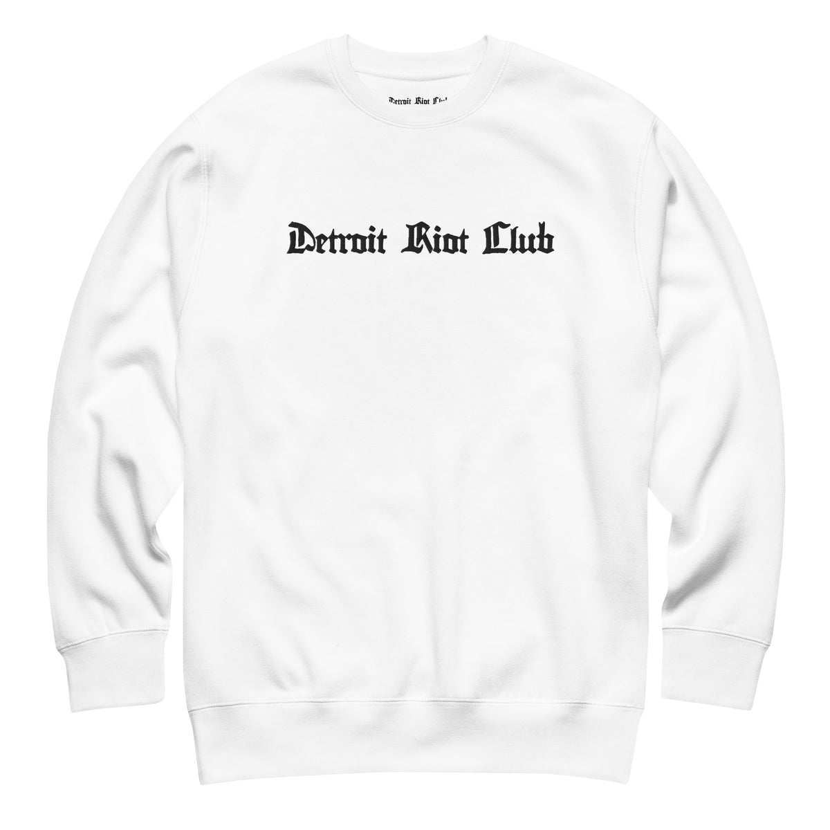 "Front flat lay of the 8.5oz heavyweight crewneck in optic white with natural texture, highlighting the central embroidered gothic brand name logo."