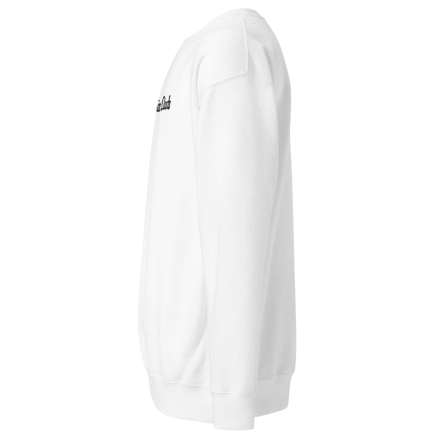 "Left profile of the 8.5oz heavyweight crewneck hardware. Highlights the dropped shoulder build and side-seam construction for a modern streetwear fit."