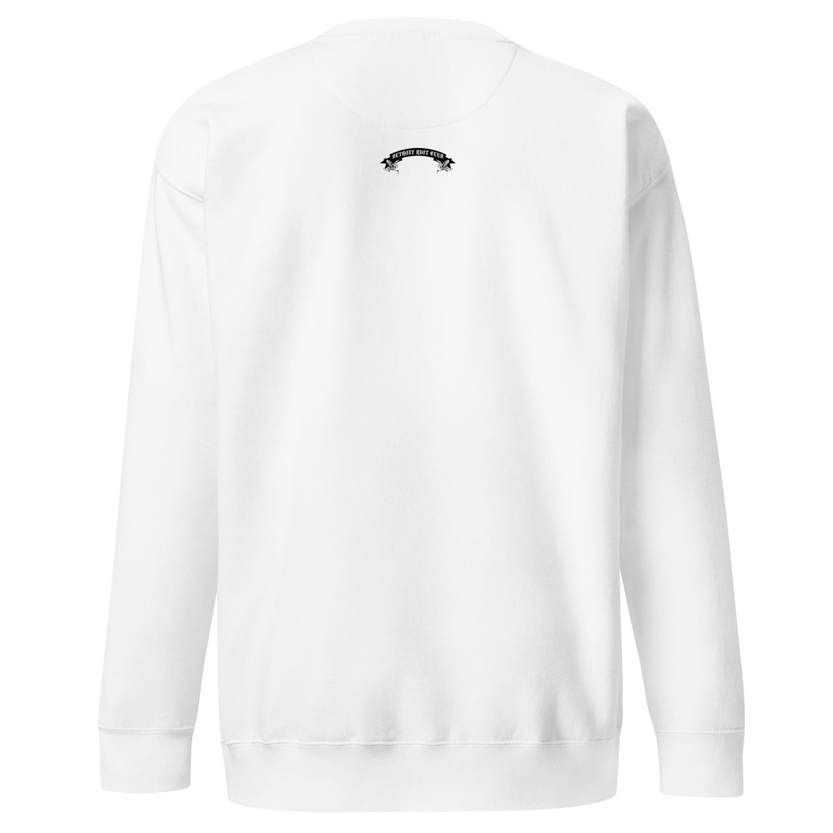 "Rear view of the 8.5oz heavyweight crewneck in optic white, highlighting the structured neckline construction and clean minimalist drape."