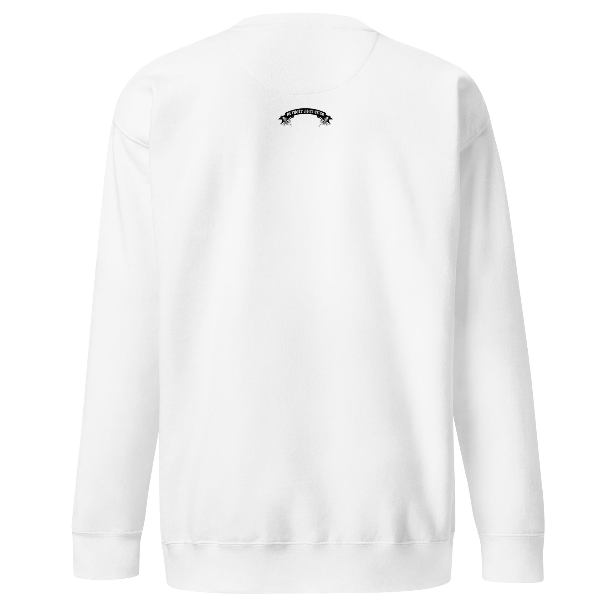 "Rear view of the 8.5oz heavyweight crewneck in optic white, highlighting the structured neckline construction and clean minimalist drape."