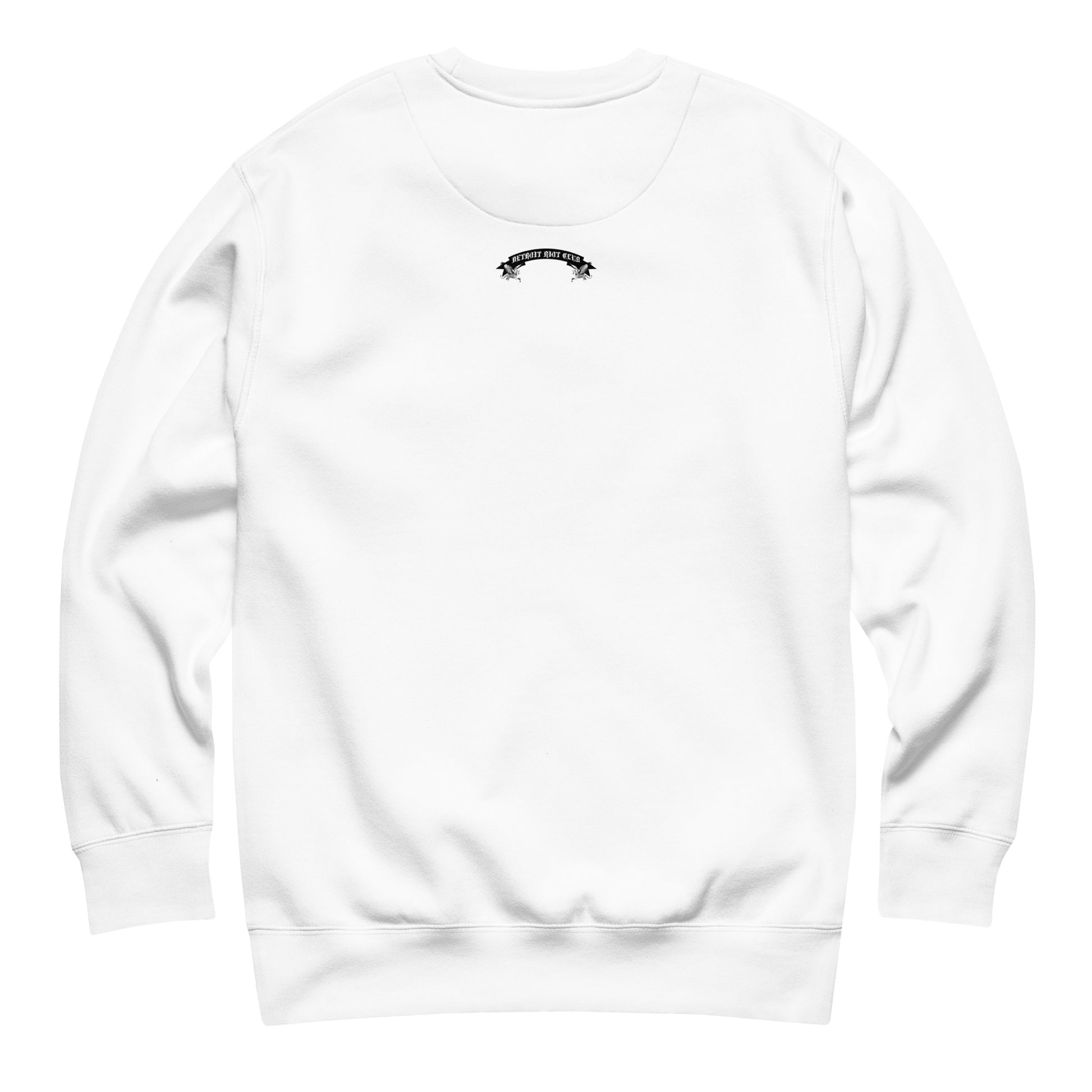 "Rear flat lay of the 8.5oz heavyweight crewneck in optic white with natural texture, highlighting the clean minimalist drape and structured shoulder construction."
