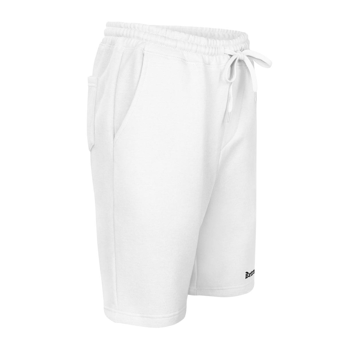 "Front-right view of Detroit Riot Club 8.5oz heavyweight fleece  white jogger shorts. Highlights the tapered knee opening and premium 3-end fleece hardware."