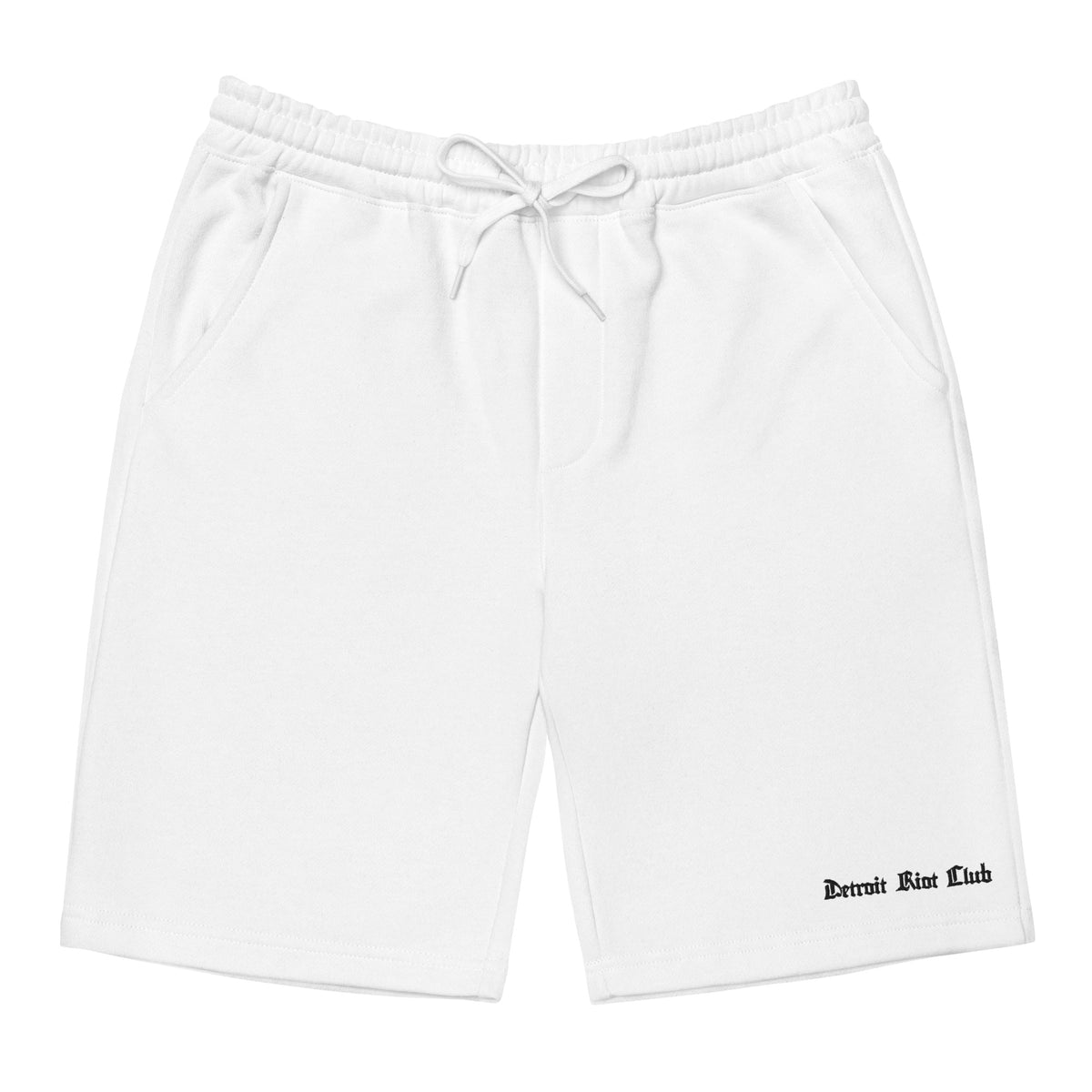 "Front flat lay view of the 8.5oz archival jogger shorts in optic white, featuring an adjustable shoestring drawcord and a small white Detroit Riot Club signature logo printed on the lower left leg."