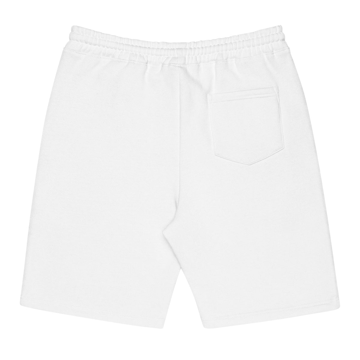 "Flat lay rear view of the 8.5oz archival jogger shorts in optic white, highlighting the structured rear patch pocket, elastic waistband, and clean heavyweight fleece silhouette."