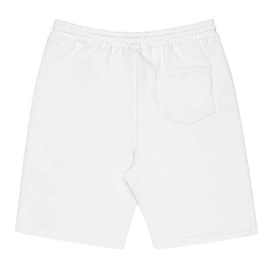 "Flat lay rear view of the 8.5oz archival jogger shorts in optic white, highlighting the structured rear patch pocket, elastic waistband, and clean heavyweight fleece silhouette."