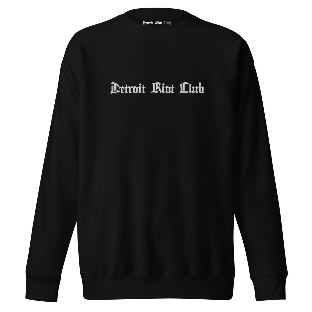 "Full front view of Detroit Riot Club 8.5oz heavyweight crewneck in Void Black. Features premium white logo embroidery and high-density 3-end fleece."