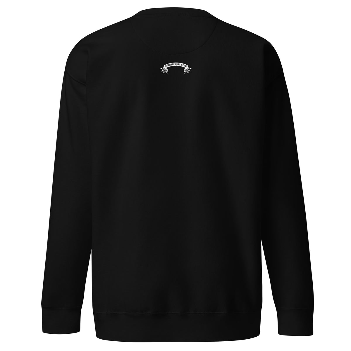 "Rear view of the 8.5oz heavyweight crewneck in void black, highlighting the structured neckline construction and clean minimalist drape."