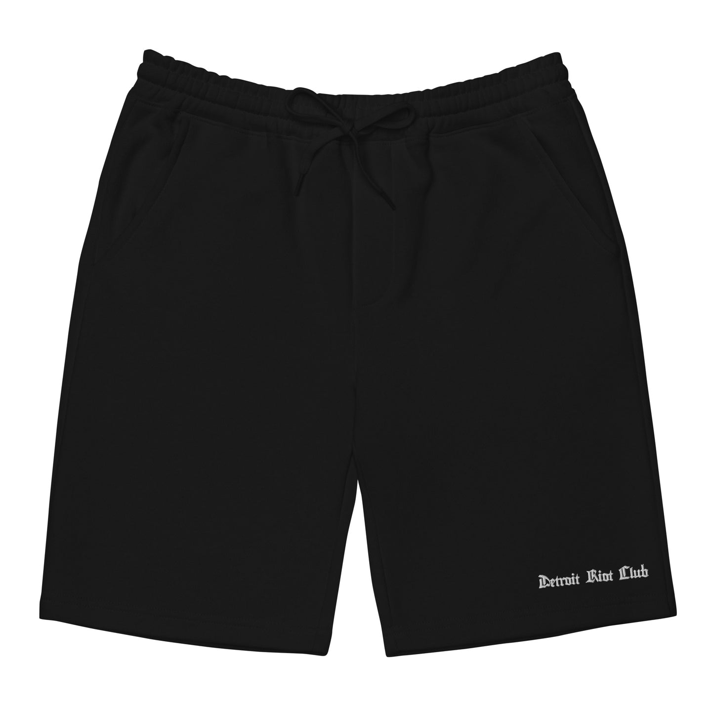 "Front flat lay view of the 8.5oz archival jogger shorts in void black, featuring an adjustable shoestring drawcord and a small white Detroit Riot Club signature logo printed on the lower left leg."