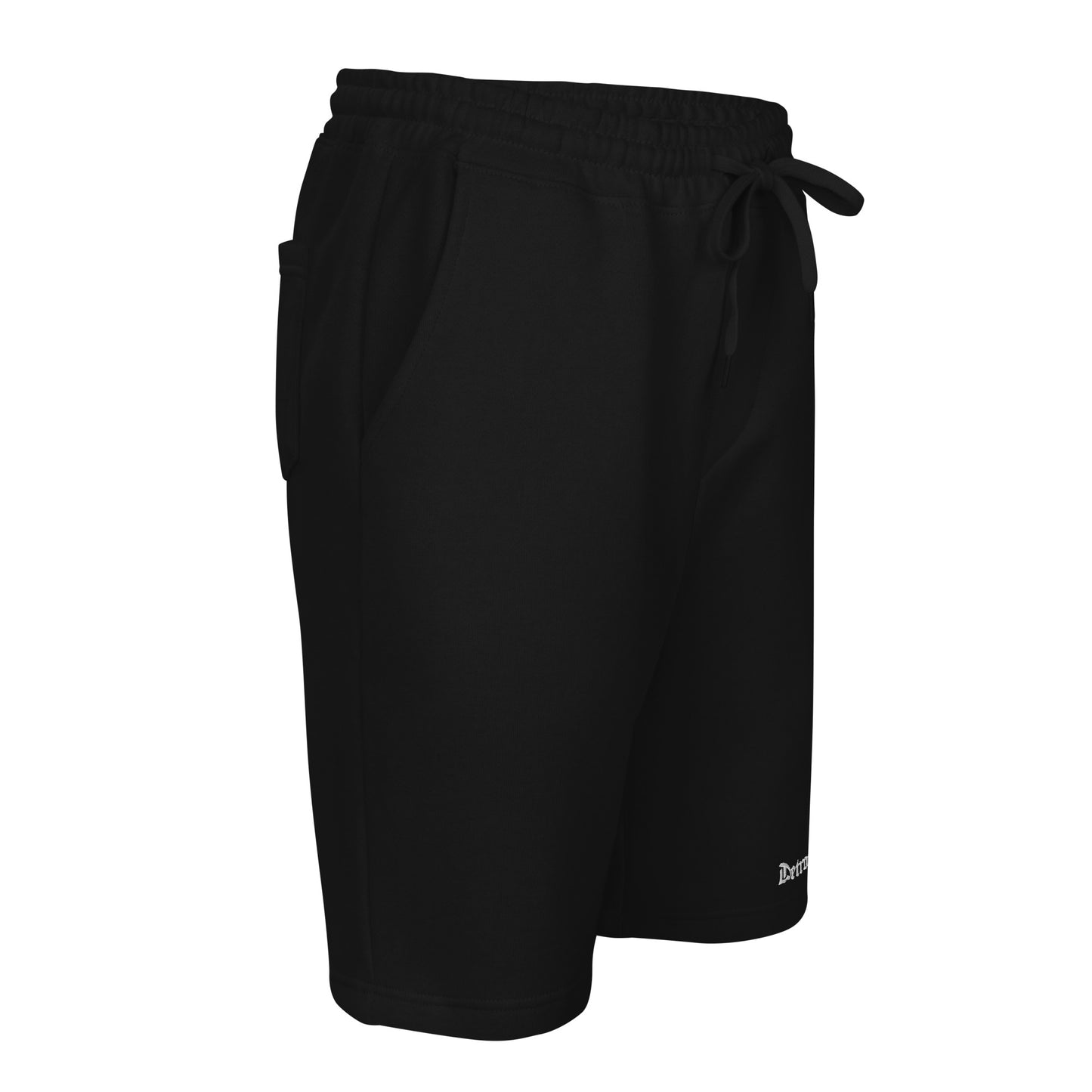 "Front-right view of Detroit Riot Club 8.5oz heavyweight fleece  black jogger shorts. Highlights the tapered knee opening and premium 3-end fleece hardware."