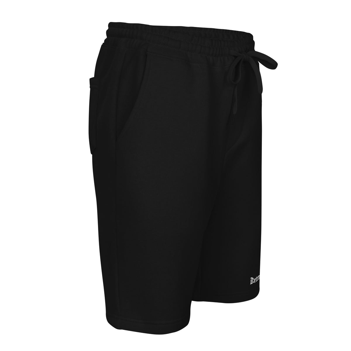 "Front-right view of Detroit Riot Club 8.5oz heavyweight fleece  black jogger shorts. Highlights the tapered knee opening and premium 3-end fleece hardware."