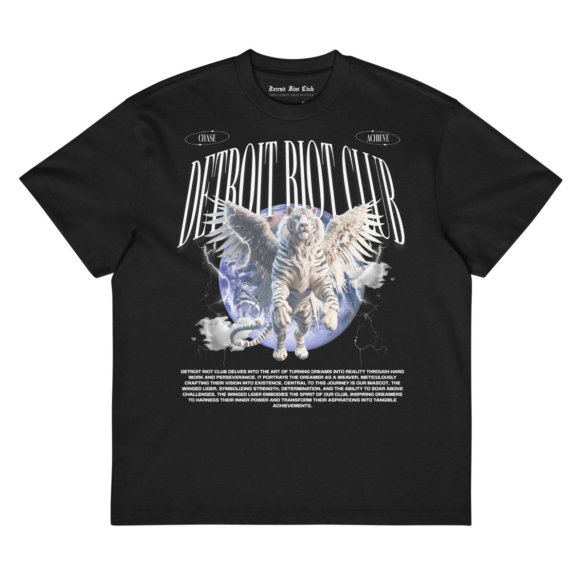 "Front flat lay of the 7oz oversized box-cut tee in void black, showcasing the triple-liger guardian graphic, archival artwork, and central gothic branding."