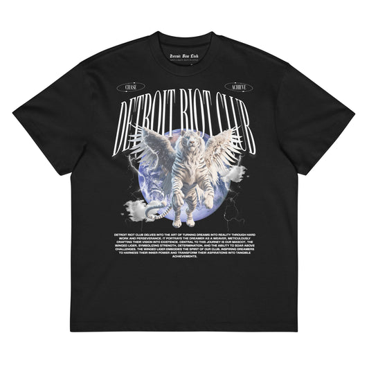 "Front flat lay of the 7oz oversized box-cut tee in void black, showcasing the triple-liger guardian graphic, archival artwork, and central gothic branding."