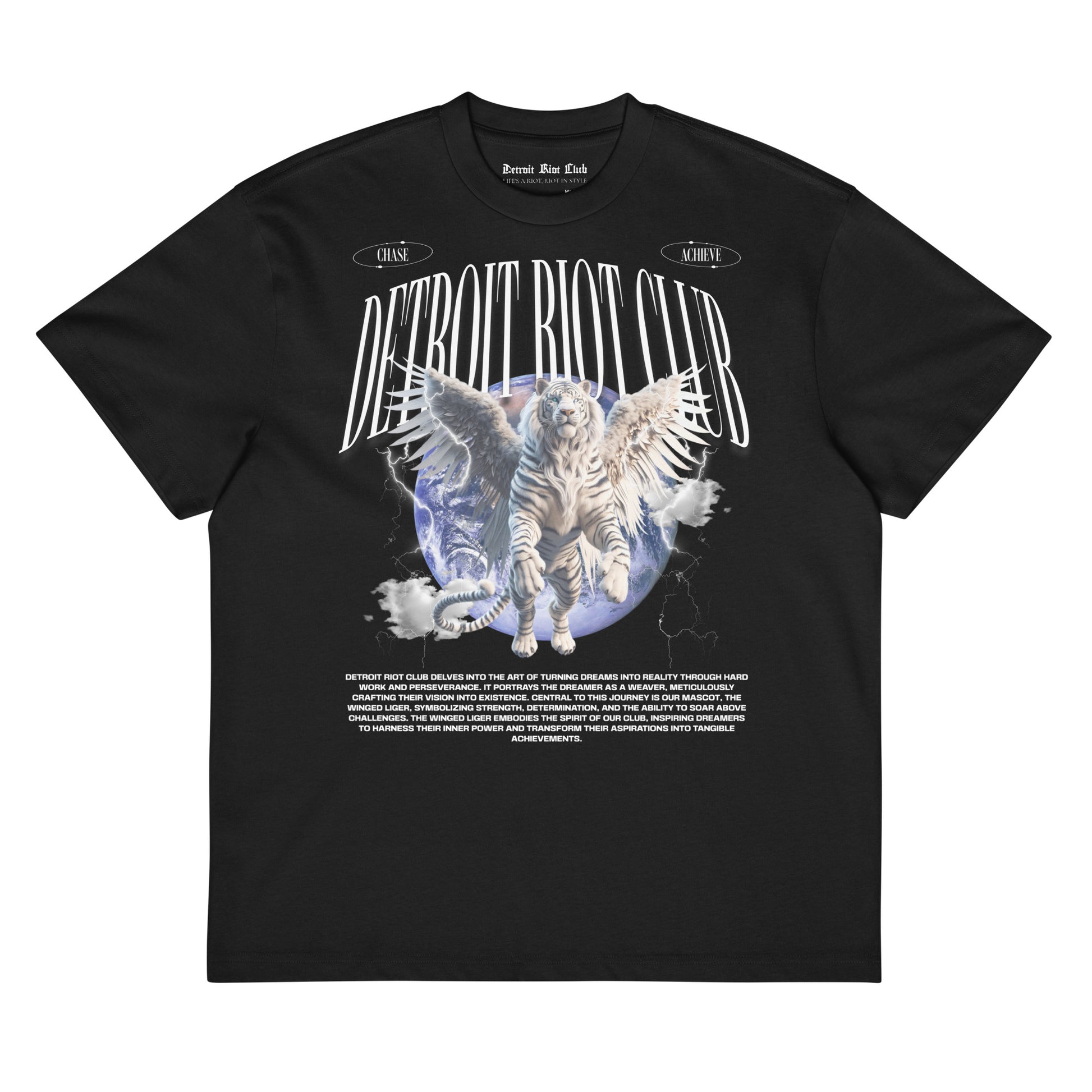 "Front flat lay of the 7oz oversized box-cut tee in void black, showcasing the triple-liger guardian graphic, archival artwork, and central gothic branding2."