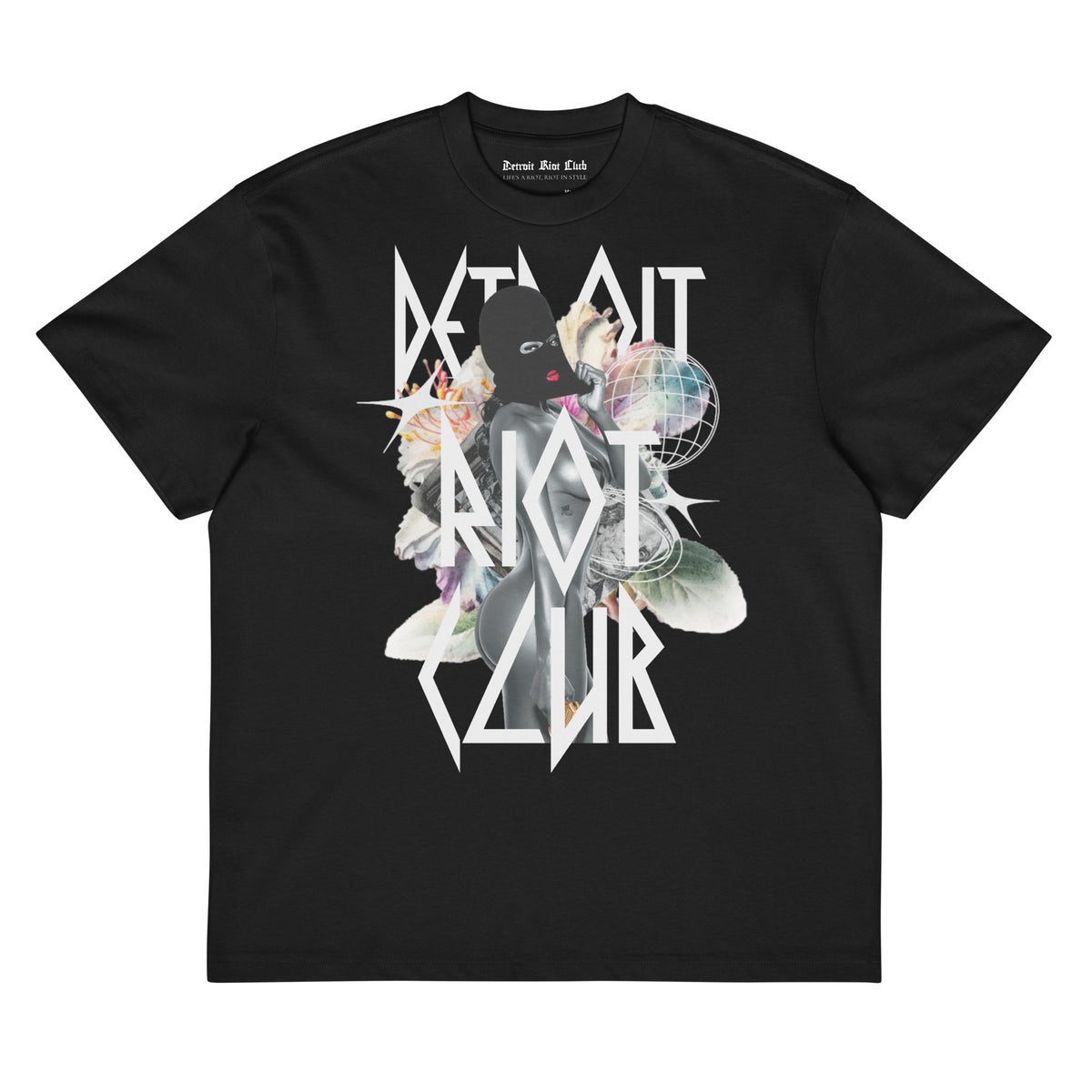 Masked Reality Box Tee – Void Black – Front graphic view, surrealist masked figure with botanical collage, Detroit Riot Club