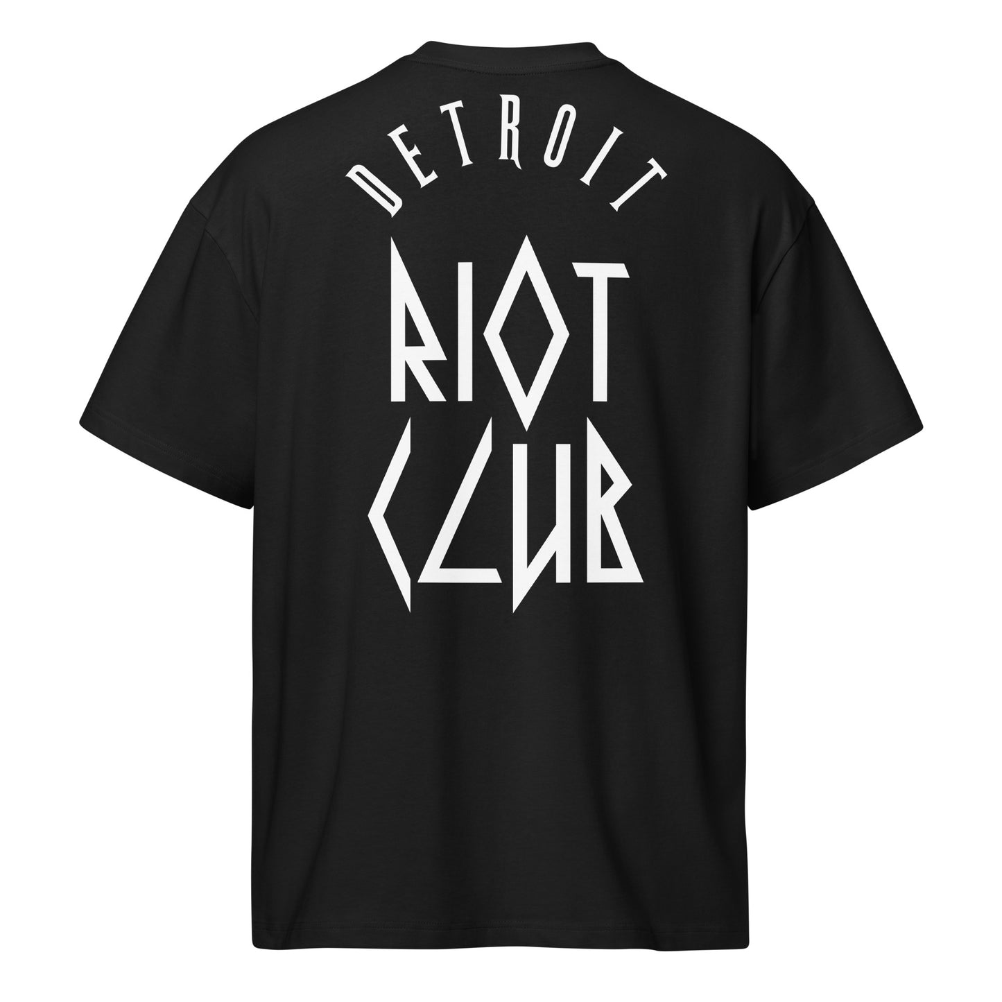 Masked Reality Box Tee – Void Black – Back view showing archival Detroit Riot Club branding and brutalist typography