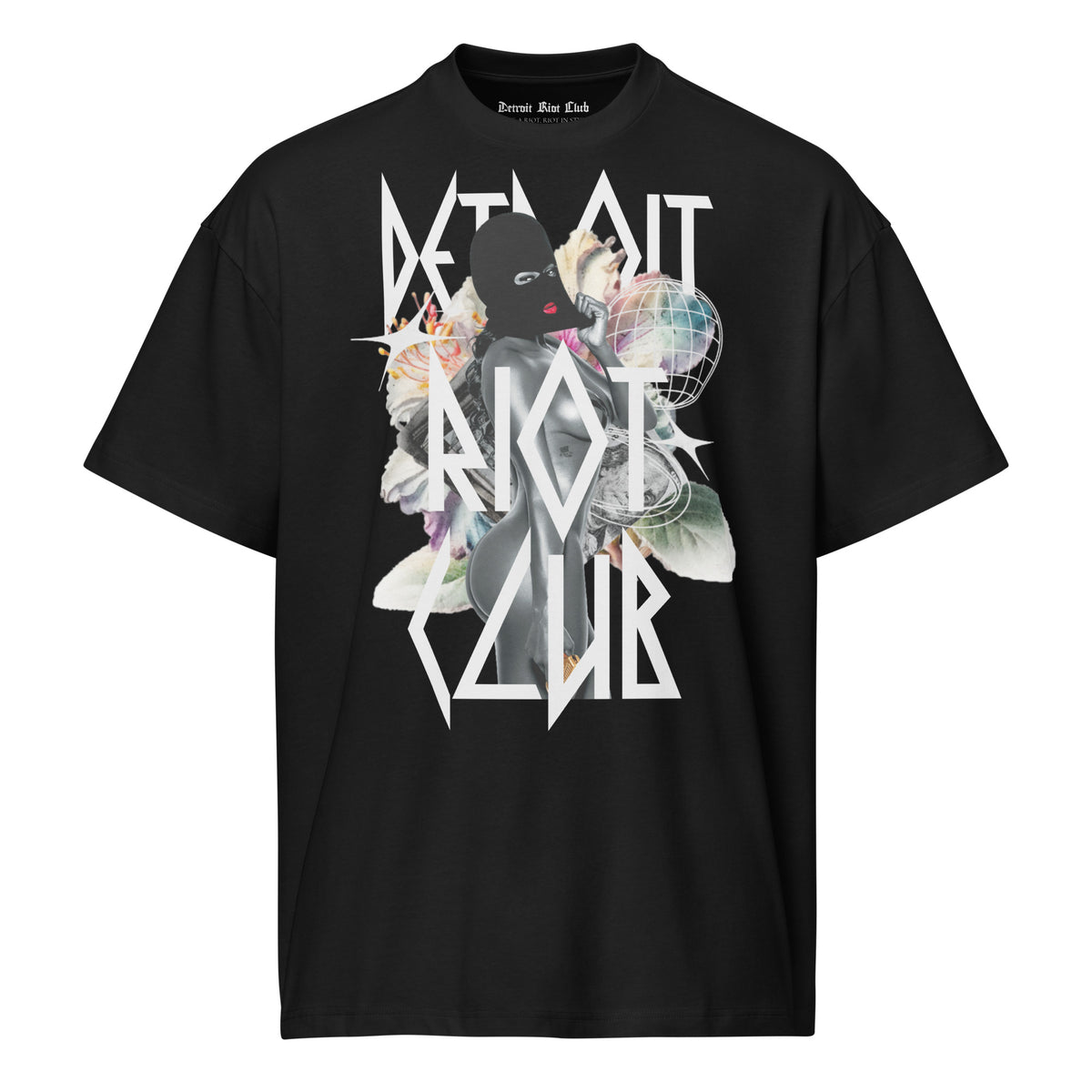 Masked Reality Box Tee – Void Black – Front view featuring the surrealist masked figure and botanical collage graphic
