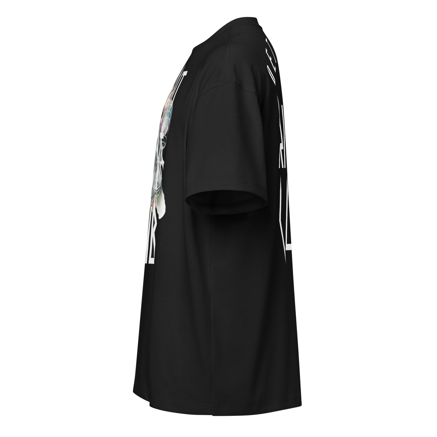 Masked Reality Box Tee – Void Black – Left profile view highlighting the heavyweight box-fit silhouette