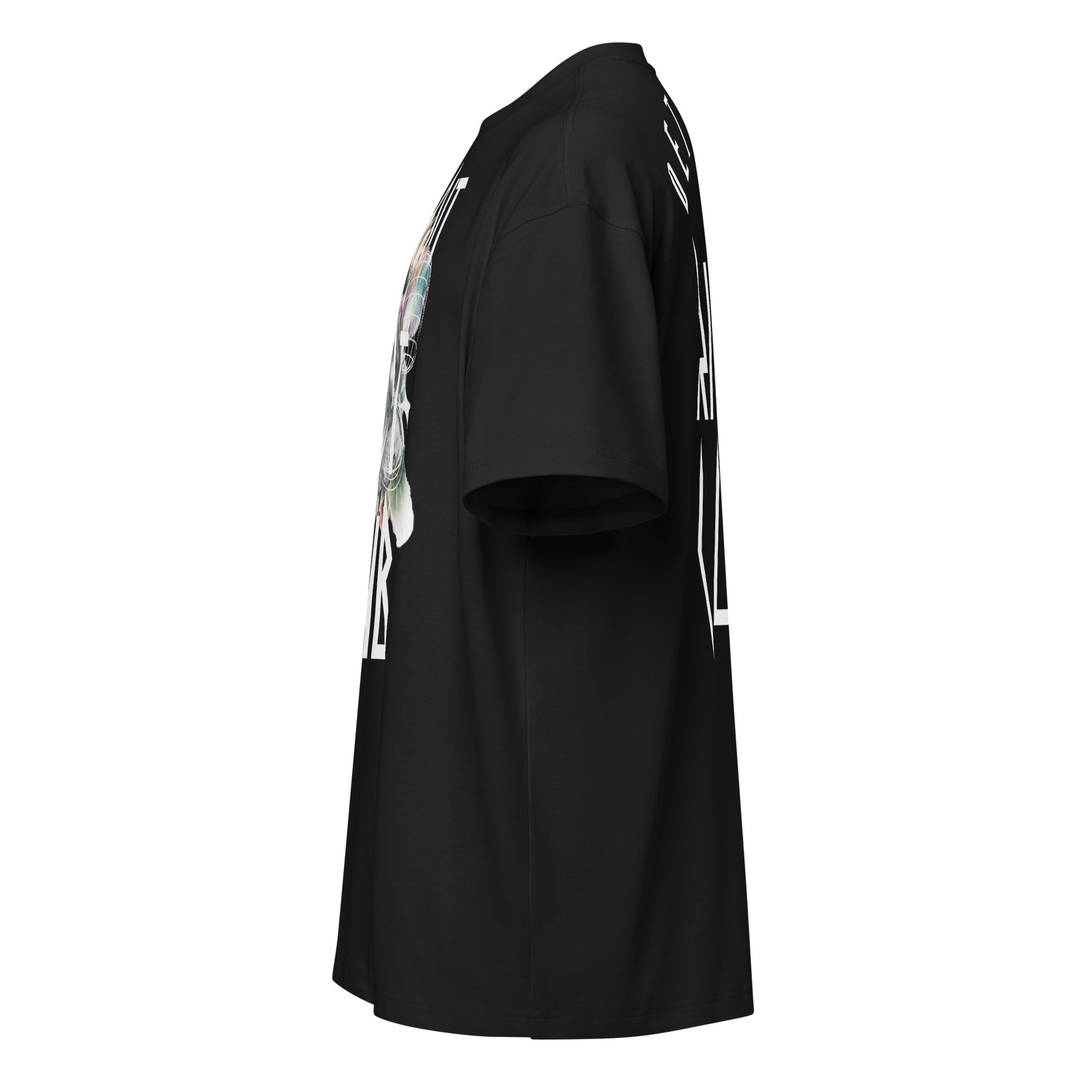 Masked Reality Box Tee – Void Black – Left profile view highlighting the heavyweight box-fit silhouette
