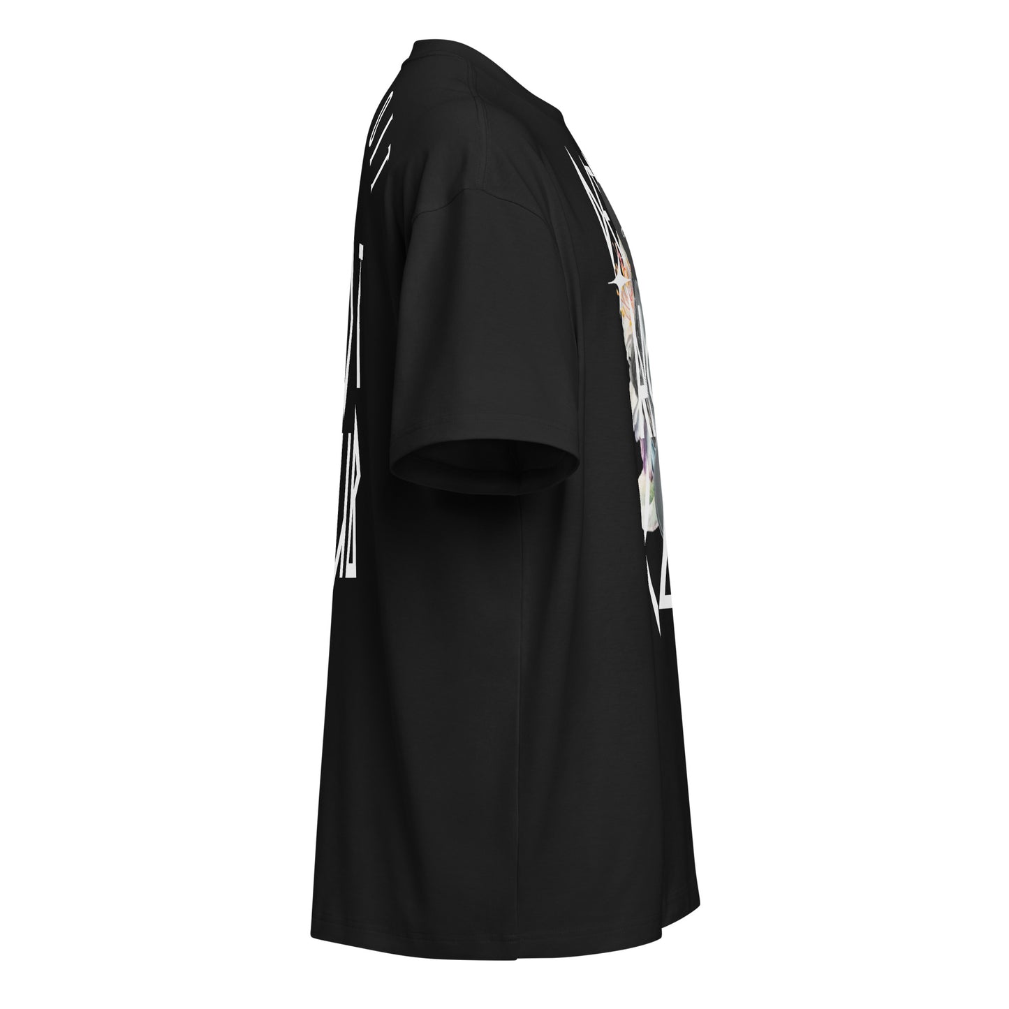Masked Reality Box Tee – Void Black – Right profile view highlighting the premium 7oz combed cotton drape