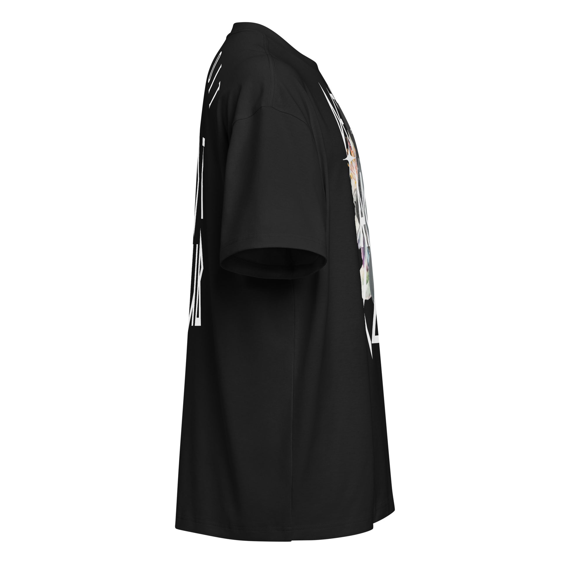 Masked Reality Box Tee – Void Black – Right profile view highlighting the premium 7oz combed cotton drape