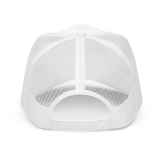 "Rear view of the Detroit Riot Club Motto Foam Trucker in white, showcasing the full mesh back panel and adjustable snapback closure."
